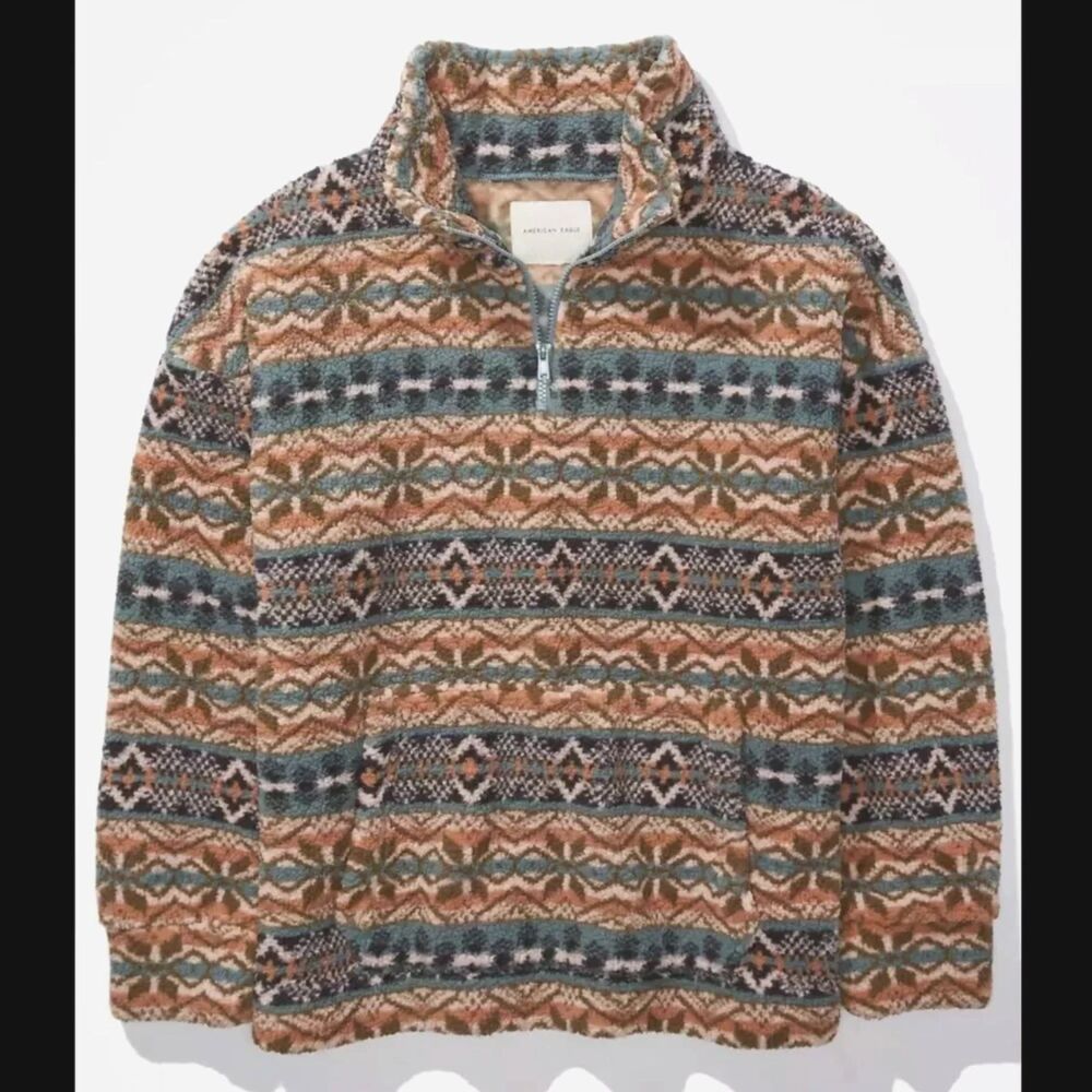 American Eagle women S Sherpa Quarter Zip Sweatshirt top shirt fair isle tan